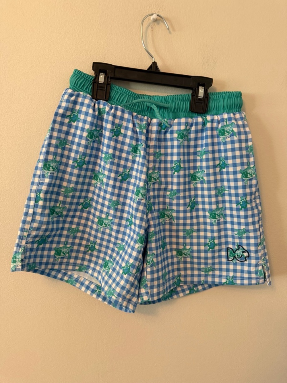 Prodoh Blue Gingham Swim Trunks with Green Turtles